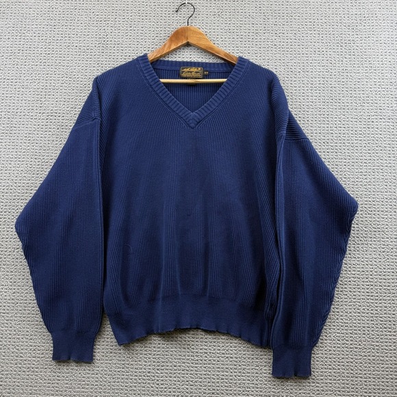 Eddie Bauer Sweater Mens XL Dark Navy Blue V Neck Rib Knit 100% Cotton Pullover - Picture 1 of 8